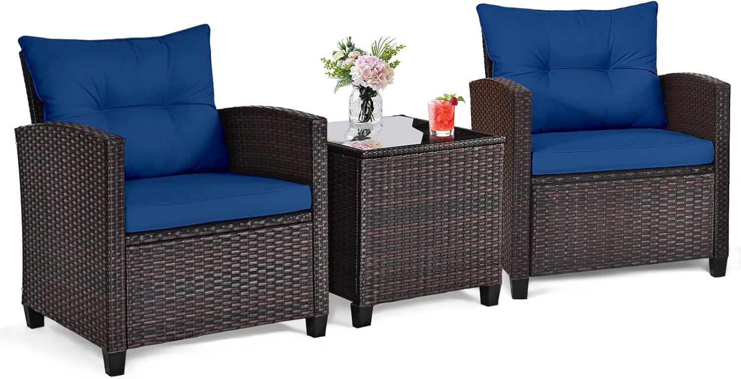 Outdoor Furniture Cushion - 네이비 블루 라탄 위커 3피스 야외