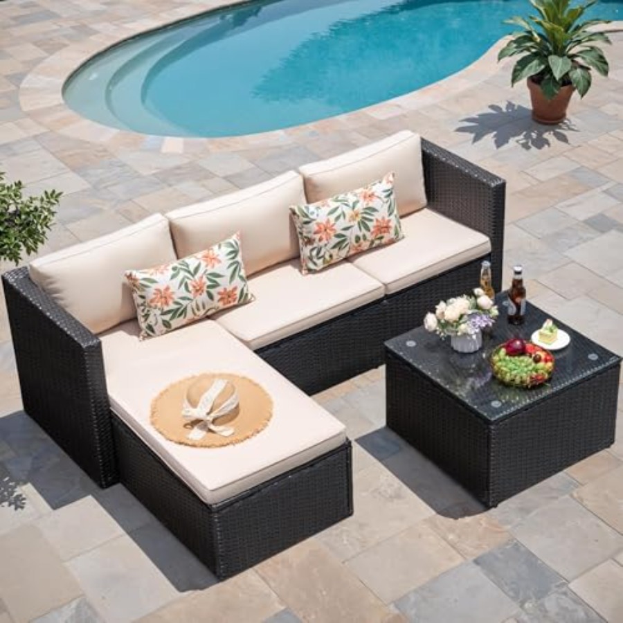 야외용 파티오 가구 세트: 베이지색 위커 라탄 섹셔널  - Outdoor Furniture Plus 리뷰 및 가격