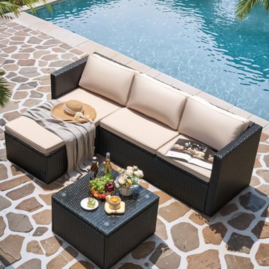 야외용 파티오 가구 세트: 베이지색 위커 라탄 섹셔널  - Outdoor Furniture Plus 리뷰 및 가격