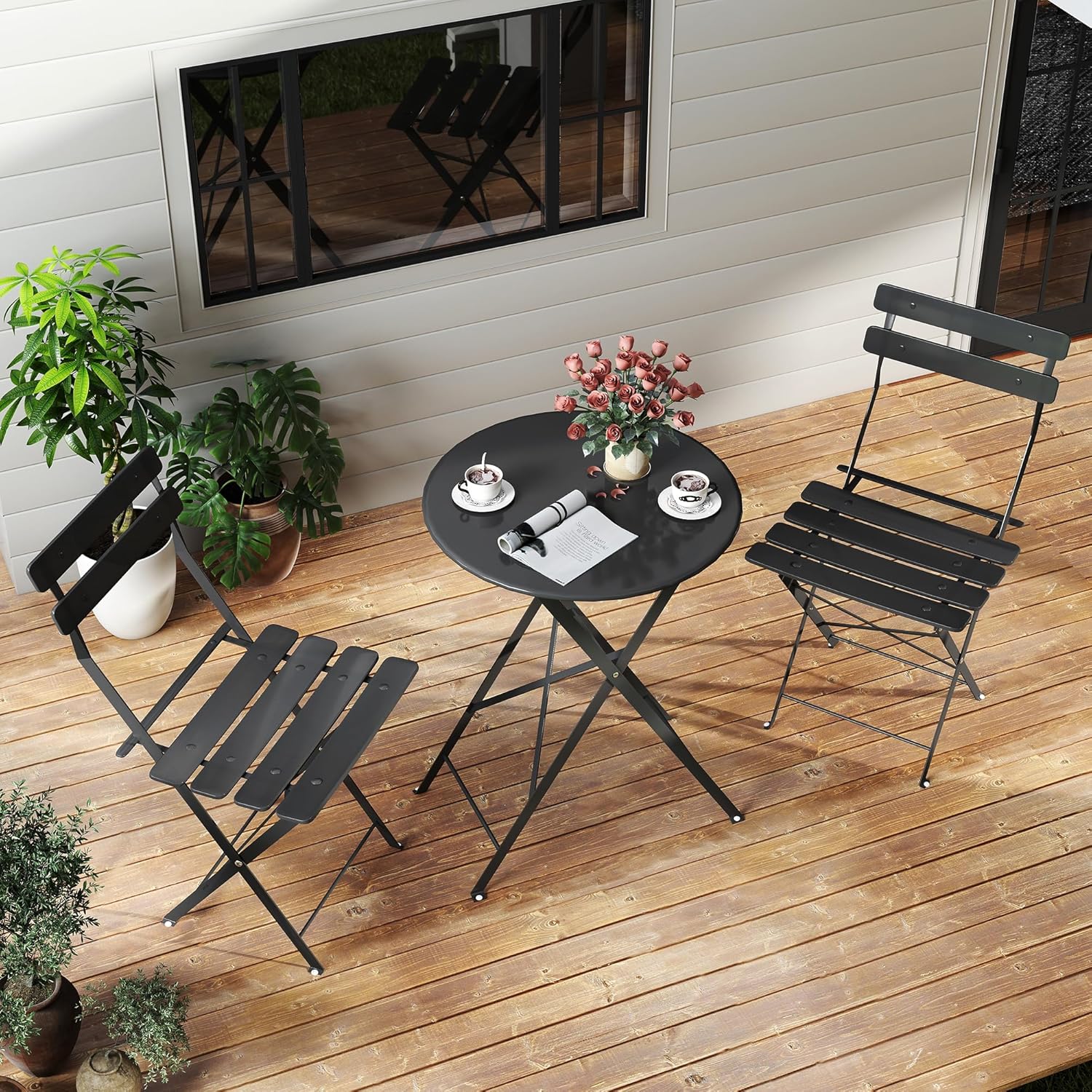 공간 절약형 검정색 3피스 접이식 야외 비스트로 세트, - Outdoor Furniture Small 리뷰 및 가격