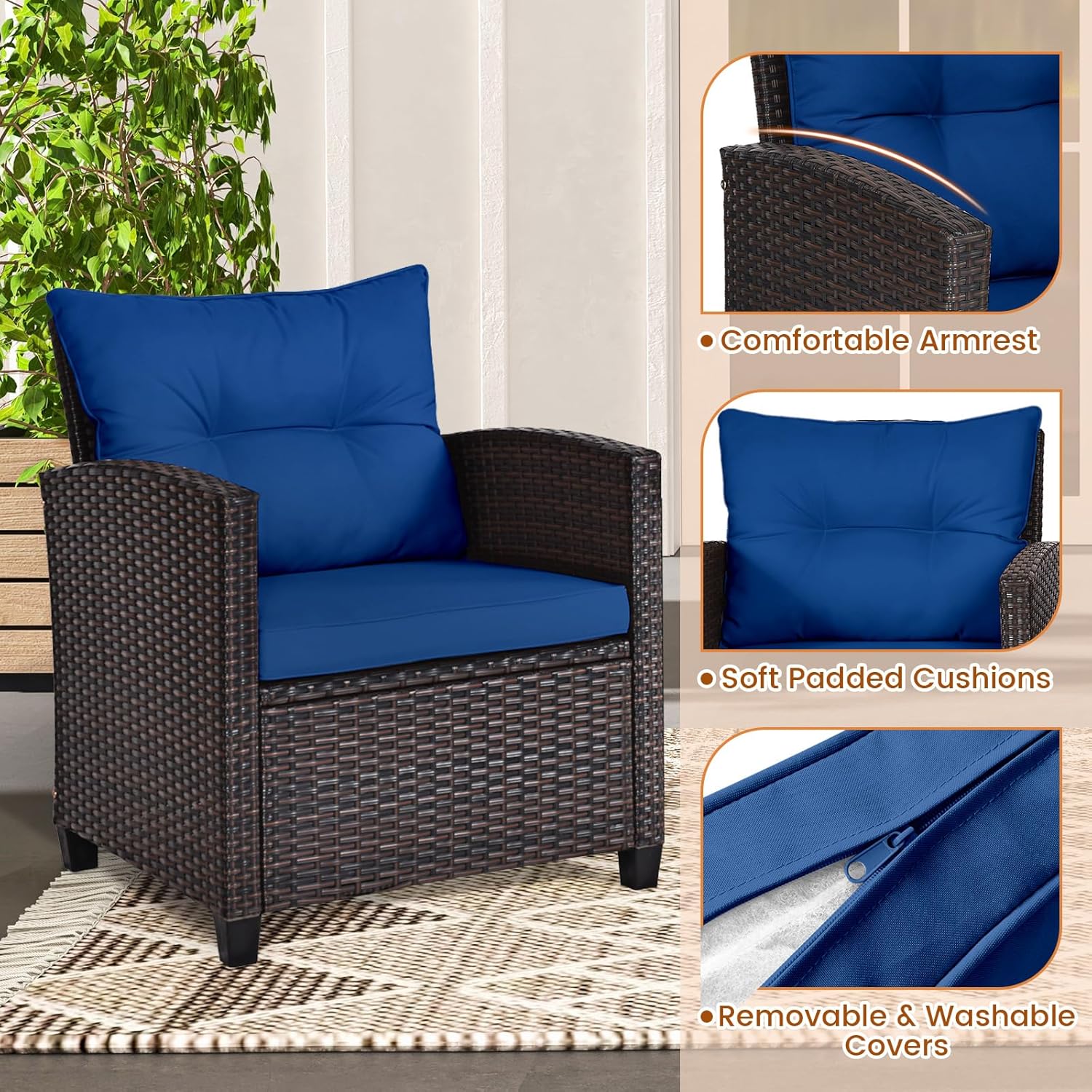 네이비 블루 라탄 위커 3피스 야외 비스트로 세트(쿠션 - Outdoor Furniture Cushion 리뷰 및 가격